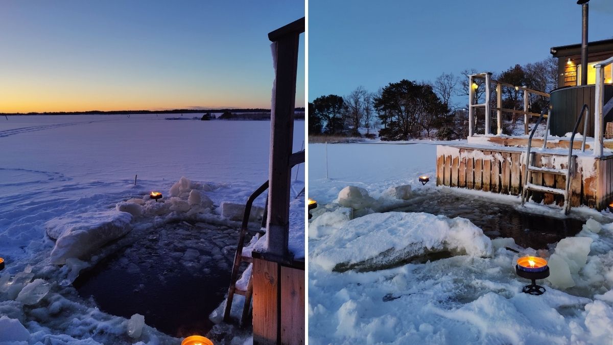 Vinterbad i isvak vid brygga i Blekinge med snö, skymningsljus och upplyst bastu vid vattnet.