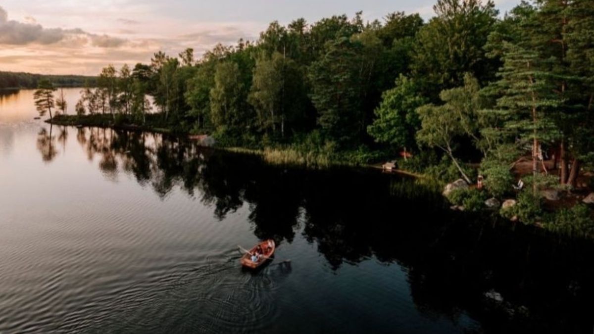 Solnedgång över Långasjön i Blekinge med en liten båt som roddes på det stilla vattnet, omgiven av frodig grönska och skog.