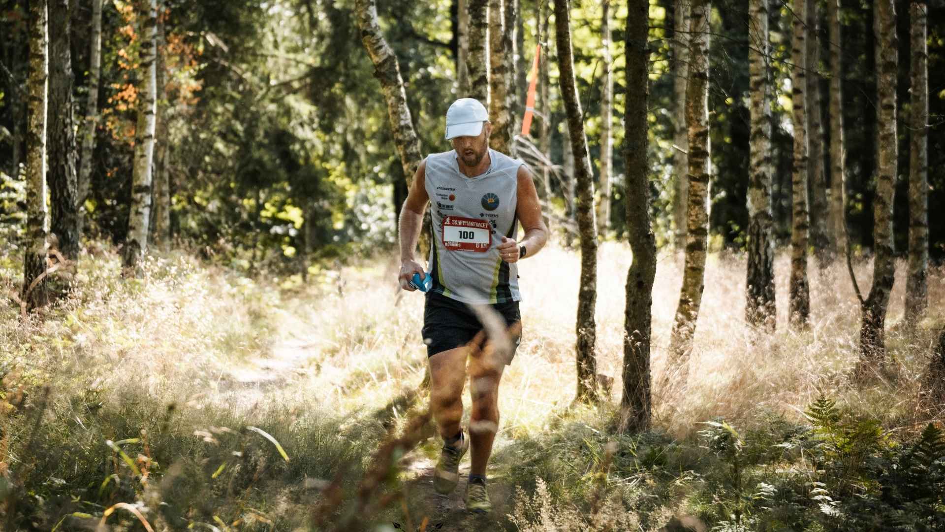 Löpare med nummerlapp 100 deltar i ett terränglopp genom en solbelyst björkskog i Blekinge, omgiven av högt gräs och naturens stillhet.