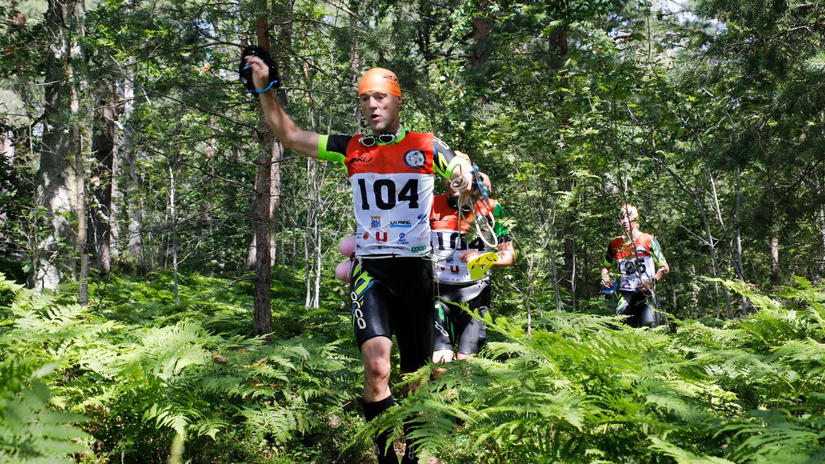 Deltagare i Blekinge Swimrun tävlar genom en grönskande skogsmiljö. Bilden visar intensiteten och lagandan i tävlingen med nummerklädda atleter som navigerar genom en tät ormbunksklädd terräng, omgivna av höga tallar och nordisk natur. Perfekt för sport- och naturentusiaster