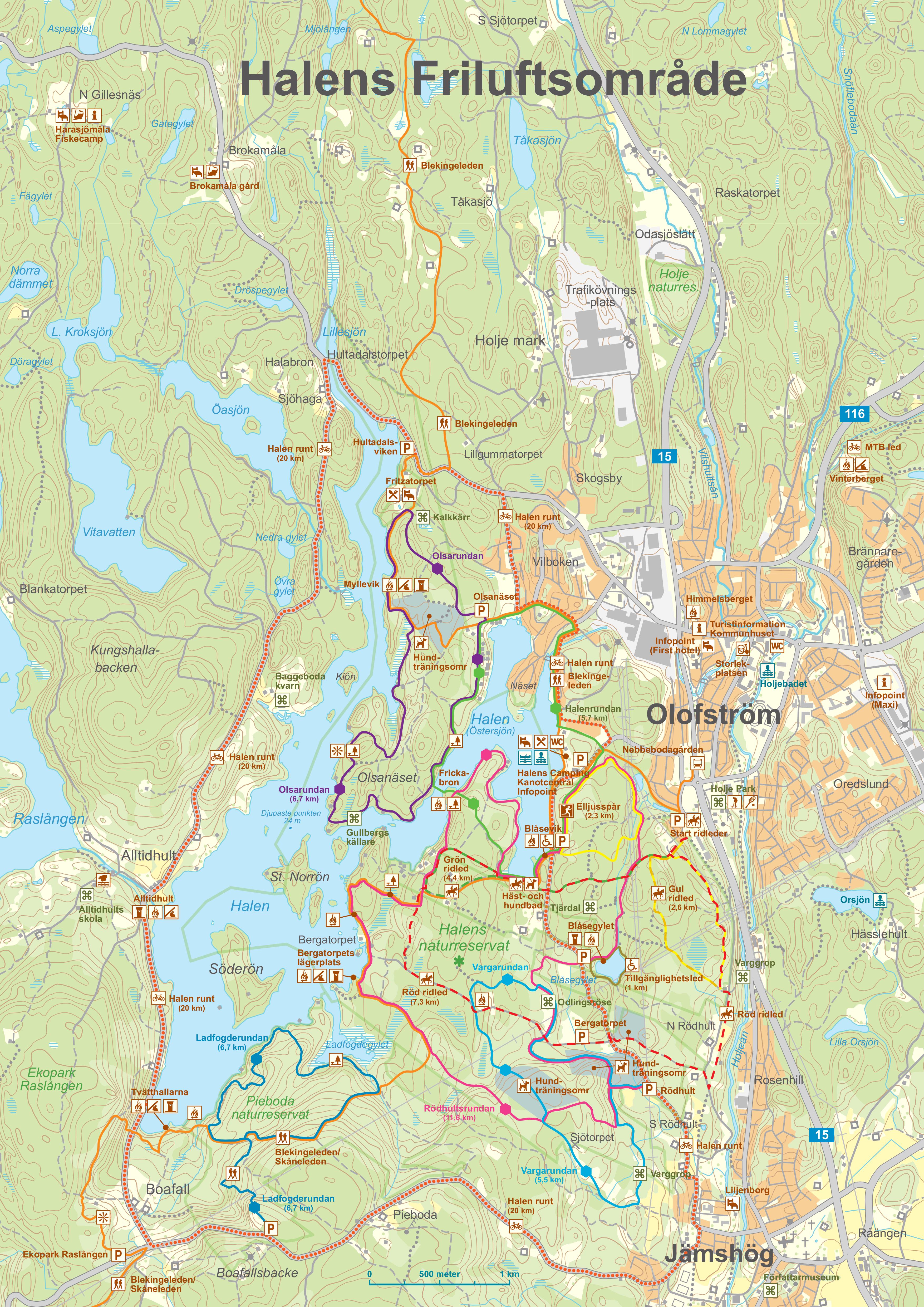 Karta över Halens Friluftsområde i Olofström, Blekinge