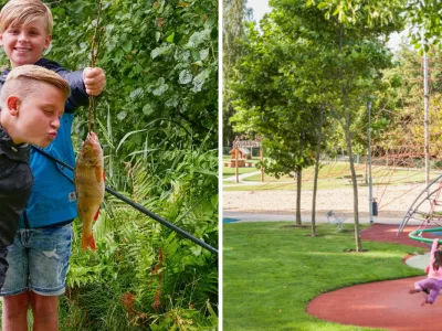 barn som fiskar och leker på en klätterställning och lekplats i Olofström