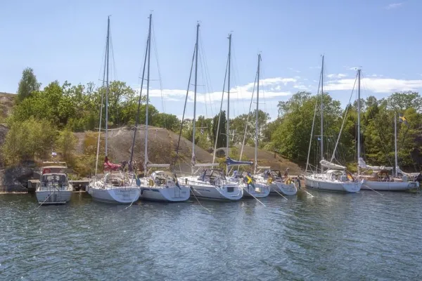 Boats tied to rocks